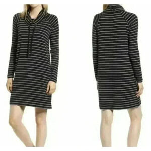 Womens Medium LOU & GREY Soft Knit Hooded Shift Swing Dress Stripe Tunic